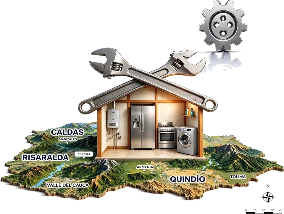 Ilustración de la marca: casa con electrodomésticos, llaves de herramienta y engranaje sobre el mapa del Eje Cafetero